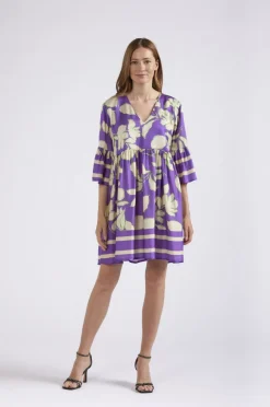 abito con increspatura alla vita stampato maxy fiore viola