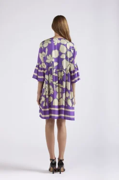 abito con increspatura alla vita stampato maxy fiore viola