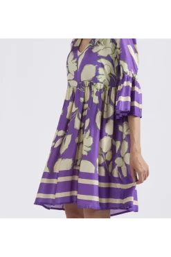 abito con increspatura alla vita stampato maxy fiore viola