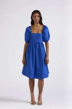 abito con maniche a palloncino e ampia scollatura posteriore royal