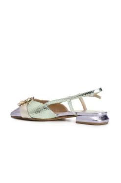 ballerine aperte dietro in stampa laminata effetto viperina con fibbia in strass multi verde