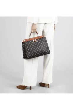 bauletto in materiale effetto saffiano con stampa logata floreale all over