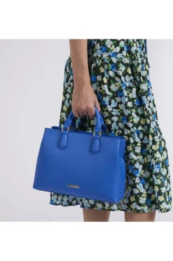 bauletto in materiale effetto saffiano blu