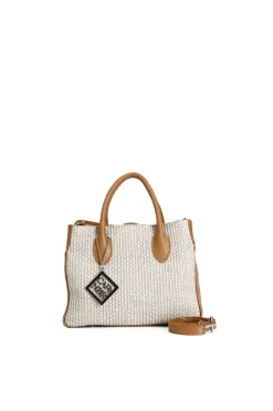 bauletto in rafia con rifiniture in pelle e ciondolo naturale/cuoio