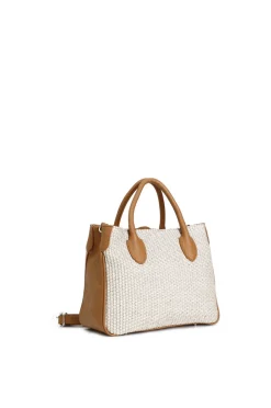 bauletto in rafia con rifiniture in pelle e ciondolo naturale/cuoio