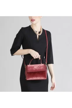 borsa a mano con pattina in velluto bordeaux