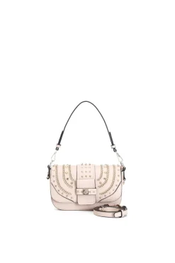borsa a spalla con borchie e catene cipria