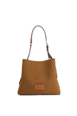 borsa a spalla in effetto suede con grande lettering sulla tracolla cuoio