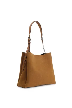 borsa a spalla in effetto suede con grande lettering sulla tracolla cuoio