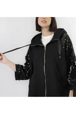cappa in felpa con maniche di pailettes nero