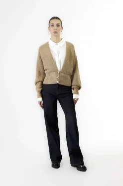 cardigan con scollatura a "v" profonda cammello