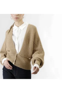 cardigan con scollatura a "v" profonda cammello