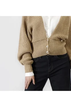 cardigan con scollatura a "v" profonda cammello