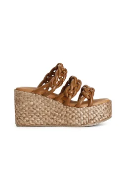 ciabatta tre fasce su zeppa in rafia cuoio
