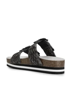 ciabatte doppia fibbia in raffia intrecciata nero