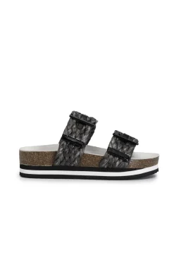 ciabatte doppia fibbia in raffia intrecciata nero