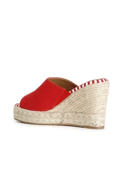 ciabatte in tessuto su zeppa corda rosso
