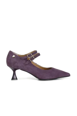 décolleté in pelle scamosciata con cinturini viola