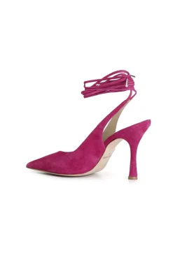 dècollète in pelle scamosciata e lacci fuxia