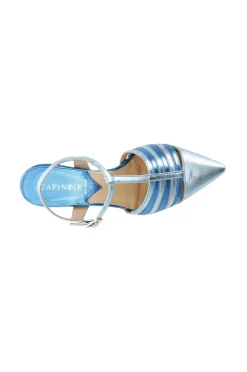 dècollète in similpelle laminata con fasce laterali e fibbia multi azzurro