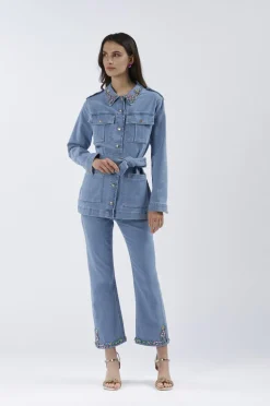 field jacket in denim con colletto ricamato sky