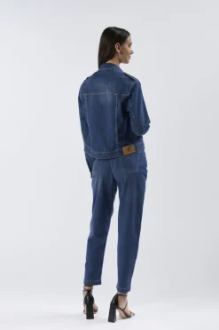 giubbino denim con placchette blu medio