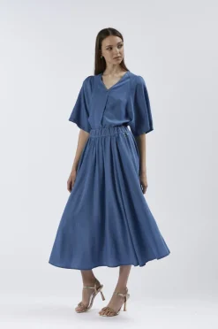 gonna ampia in tencel denim blu medio