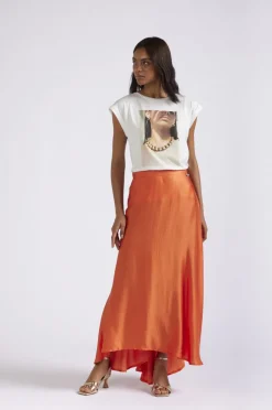gonna lunga in satin arancio