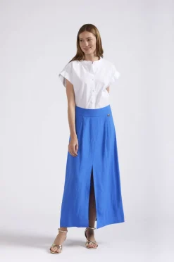 gonna misto lino con spacco anteriore bluette