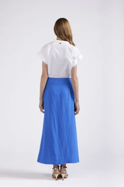 gonna misto lino con spacco anteriore bluette