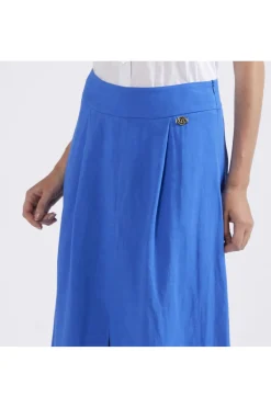 gonna misto lino con spacco anteriore bluette