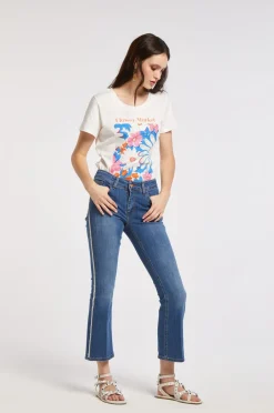 jeans cropped flare in tela superstretch con strass blu medio