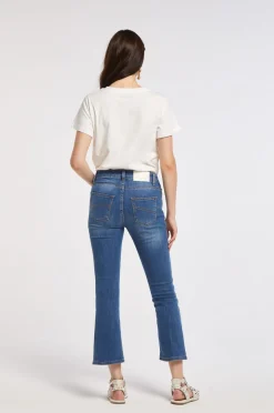 jeans cropped flare in tela superstretch con strass blu medio