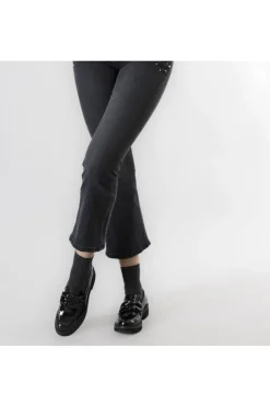 jeans denim cropped flare con perle alle tasche antracite