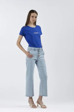 jeans denim culotte con bottoniera bleach