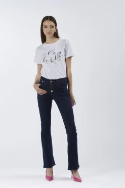 jeans denim flare con bottoniera indaco