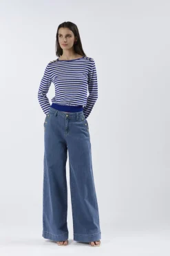 jeans denim super wide con bottoni alle tasche sky