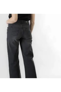 jeans denim wide leg con perle alle tasche antracite