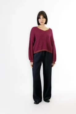 maglia con lurex con scollatura a v magenta