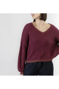 maglia con lurex con scollatura a v magenta