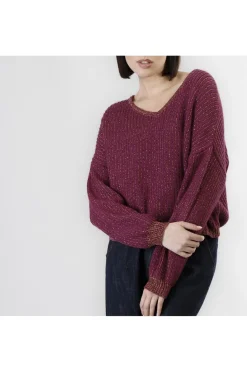 maglia con lurex con scollatura a v magenta