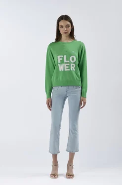 maglia girocollo con scritta "be a flower" menta