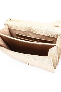 mini bag glitterata con borchie esagonali oro