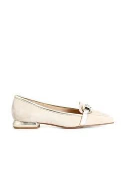 mocassini donna in pelle scamosciata con morsetto strass ecru