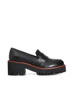 mocassino da donna in pelle con suola nera e guardolo colorato nero/rosso