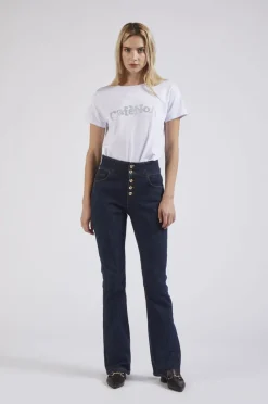 pantalone flare con bottoni a vista a vita alta blu medio scuro