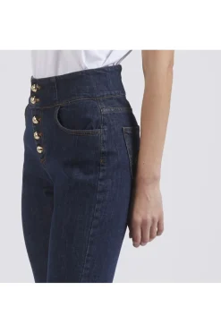 pantalone flare con bottoni a vista a vita alta blu medio scuro