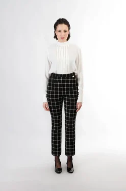 pantaloni a zampa cropped tessuto jacquard quadro multinero