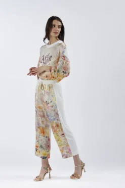 pantaloni bimateriale con davanti stampato flower panel