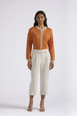 pantaloni cropped con risvolto in misto lino corda